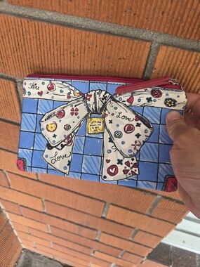 Brighton Love Bow Cosmetic Bag Pouch 11x5 Blue Hearts Makeup Travel Zip Case